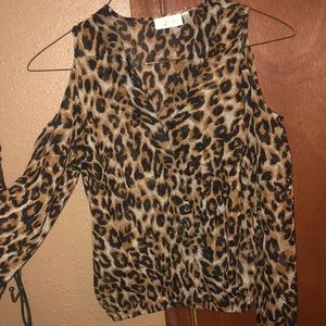 Leopard cross front cold shoulder blouse